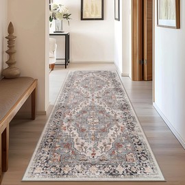 GENIMO 2x12 Runner Rugs for Hallway, Machine Washable Non Slip Vintage Retro Rugs, Low Pile Lightweight Soft Print Rug for enrtyway, Corridor, Home Office, Kitchen, Pale Aqua