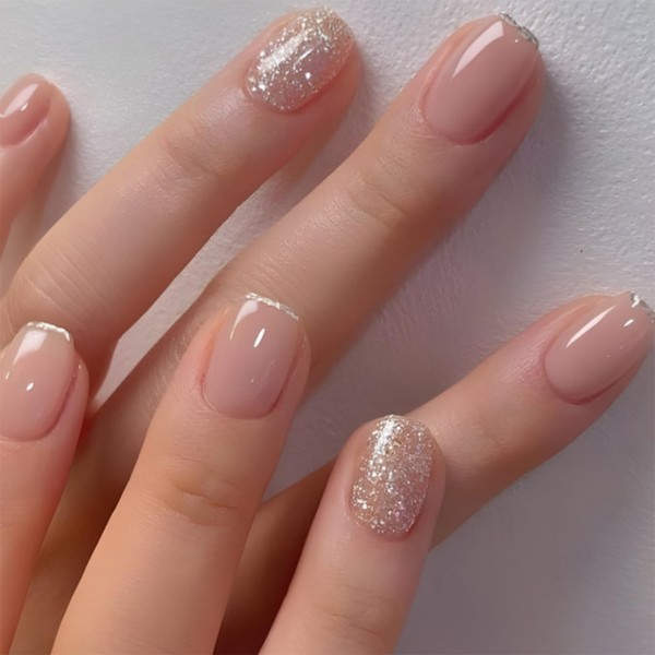 Glitter French Press on Nails Short Medium Square Fake Nails