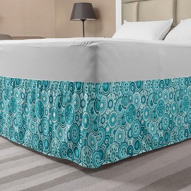 Ambesonne Aqua Elastic Bed Skirt, Hippie Floral Leaves Mandala Rounds Traditional Elements Print, Wrap Around Fabric Bedskirt Dust Ruffle for Bedroom, King, Turquoise White
