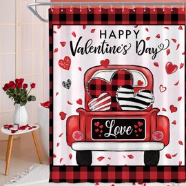 Valentines Buffalo Check Plaid Shower Curtain, Red and Black Farmhouse Love Truck Shower Curtain for Bathroom, Waterproof Fabric Curtains with Hooks, Rustic Valentines Day Bathroom Decor, 71x71 Inch