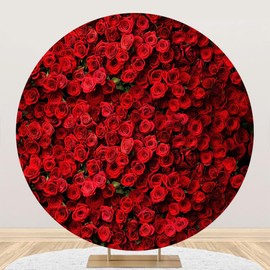 AOFOTO 3x3ft Red Rose Round Backdrop Cover Valentine's Day Circle Backdrop Rose Flower Wall Photo Background Wedding Bridal Shower Anniversary Party Decorations Banner Mother's Day Party Supplies