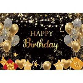 DASHAN 7x5ft Happy Birthday Backdrop Decorations Black and Gold Birthday Party Banner Glitter Balloons Backdrop for Photography Birthday Tapestry for Party Photo Booth Prop