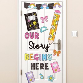 Classroom Door Cover Decoration Sticker, Our Story Begins Here Window Door Cling, Bulletin Board with Composition Notebook Pencil Bow Cutout for Back to School Party Wall Window Decor