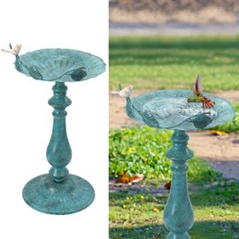 22" H Bird Baths for Oudoors, Antique Pedestal Bird Bath with Bird Statues Metal Birdbaths Bird Feeder Bowl Tray Garden Yard Decoration, Blue