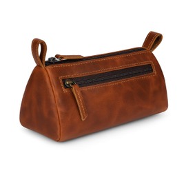 TheAntiq Tan Leather Makeup Bag (8" x 3.5" x 3") - Small Cosmetic Case for Purse, Multipurpose Zippered Make up Case for Travel or Gift, Compact Leather Makeup Case Organizer for Everyday Use