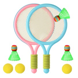 WanderGo Kids Tennis Rackets Set, 2 Blue and pink Plastic Tennis Rackets and 3 Shuttlecocks and 3 Tennis Balls, Kids Tennis Set Better for kids to play indoor and outdoor sports in cold weather