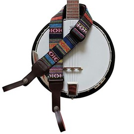 MUSIC FIRST Original Design, 2 inch width (5cm), Classic Country Style Yarn-dyed fabric & Genuine Leather Delux Banjo Strap, With 2 pieces of MUSIC FIRST Leather Strap Locker. (Classic Country Style)