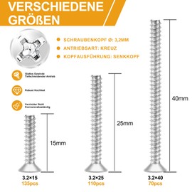 VIGRUE 315 pieces device screws for switch boxes, machine screws, assortment box, diameter 3.2 x 15 mm, 3.2 x 25 mm, 3.2 x 40 mm, countersunk screws made of galvanised steel with cross, for repairing