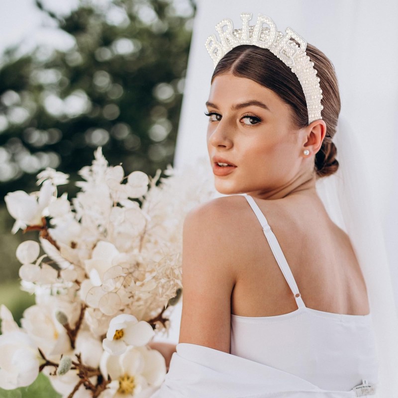 Bride Headband Pearl Veil Decorations White Hairband Accessories for Bachelorette