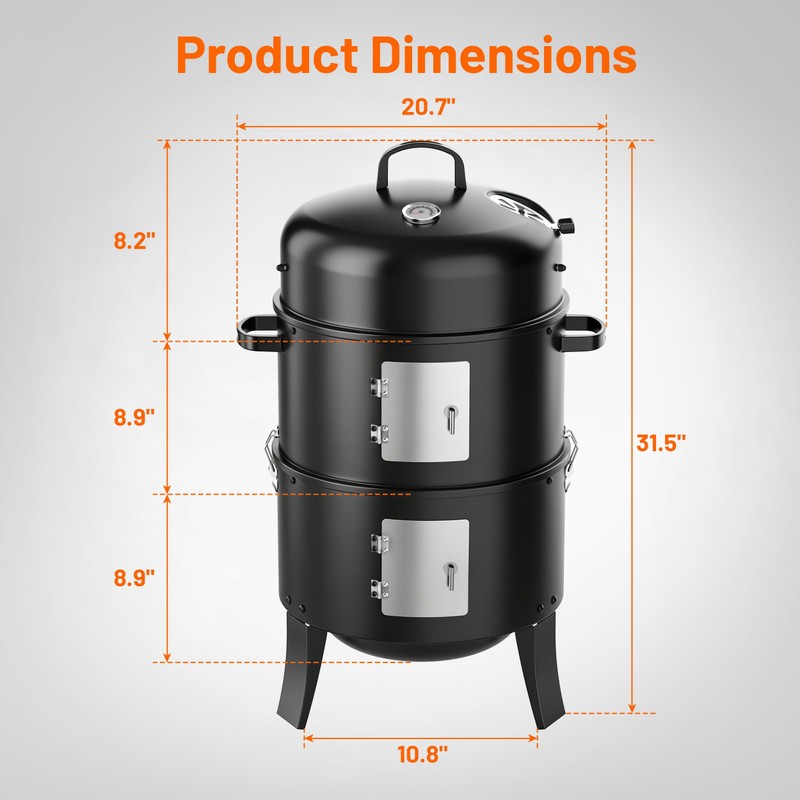18 Inch Vertical Charcoal Smoker, 3-in-1 Heavy Duty