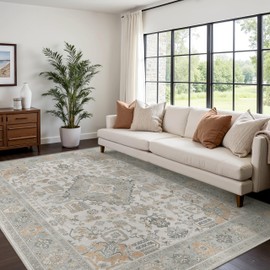 Bavni Vintage 8x10 Area Rugs, Boho Oriental Living Room Rug, Machine Washable Rug Non Slip, Distressed Print Indoor Large Grey Rugs, Low Pile Ultra-Thin Soft Carpet for Bedroom, Dining Room, Farmhouse