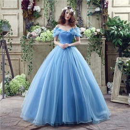 2024 Blue Ball Gown Prom Dress New Movie Princess Cinderella Cosplay Dress Off The Shoulder Organza Long Prom Gown Prom Dress
