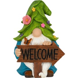 Mood Lab Garden Gnome - Solar Gnome Figurine with Welcome Sign - 9.1 Inch Decor Outdoor Lawn Statue with LED Lights