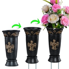 Cemetery Grave Vase, Resin Angel Memorial Vase Cemetery Flower Holder with Metal Spikes and Draining Hole for Cemetery Headstones Gravesites Memorial Grave Decorations (1, Black)