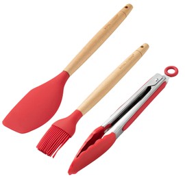 Royal Cuisine 3 pcs Silicon Kitchen Set Red, Silicon Tongs, Silicon Spatula, BBQ Silicon Brush for Oiling, Wooden Handle & Heat Resistant Grey|Red (Red)