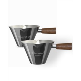 Lunaker Espresso Shot Cups- 4oz Double Spouts Espresso Measuring Cups with Wooden Handle - Coffee Bar Accessories, Bright Silver（2 Pcs）