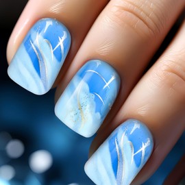 24 Pcs French False Nails, Press-On Nails, Nail glue included, Short Square False Nail Gold Swirl Stick on Nails, Full Cover Stick on Nails Elegant Fake Nails for Women Girls