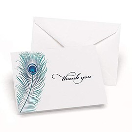 H&H Peacock Feather Thank You Cards and Envelopes (Set of 50)