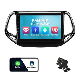 4+64G 10.1-inch Android 13 WiFi 6 Car Stereo for Jeep Compass 2 MP 2017-2019 IPS Touchscreen Screen Bluetooth 5.4 Car Radio with Carplay & Android Auto Support Backup Camera FM Navi SWC