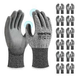 UNINOVA 12 Pairs Cut Resistant Work Gloves for Men Women, ANSI A4 Cut Proof Gloves with PU Coating, 13 Gauge HPPE Glass Fiber Touchscreen for Metal Handling, Glass Work, Woodworking