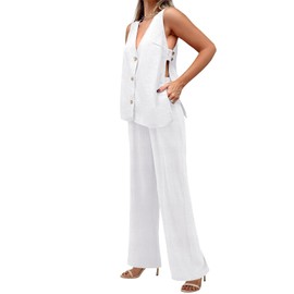 Tankaneo Womens 2 Piece Linen Sets Summer Outfits Sleeveless V Neck Botton Down Tank Tops and Pants Matching Set, White, Large