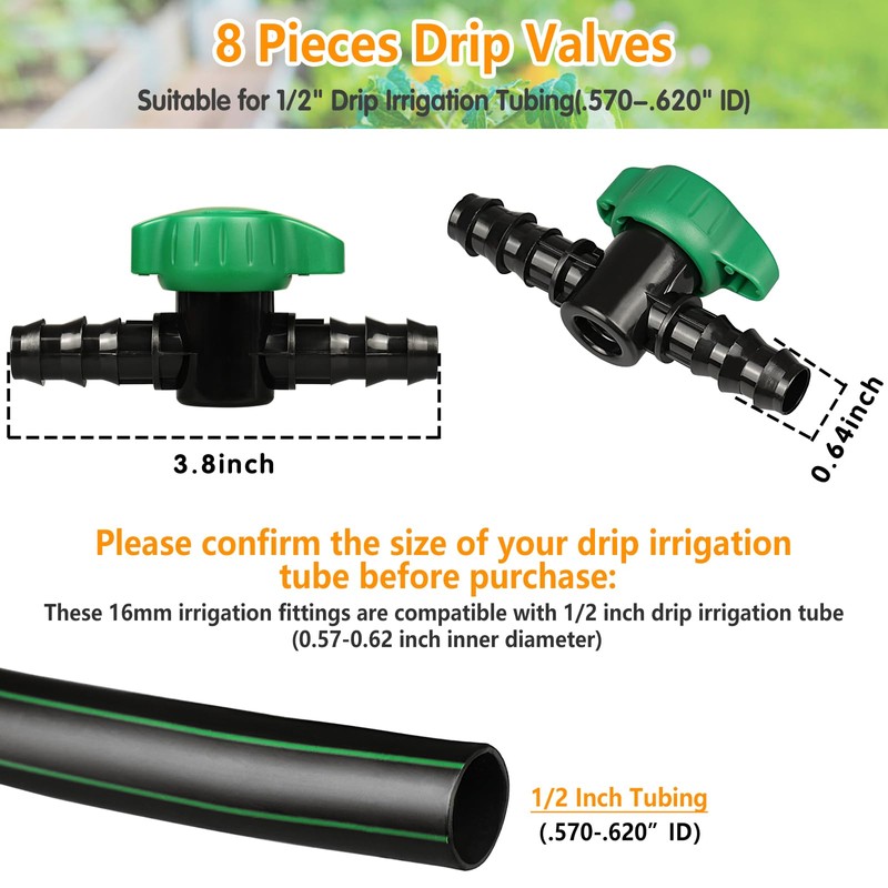 JOYPRO 1/2 Inch Drip Irrigation Barbed Valve, 8 Pack 1/2"