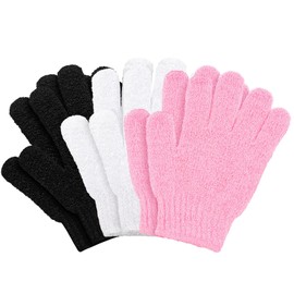 Exfoliating Gloves | Bamboo Shower Gloves | 6pcs Bath and Body Exfoliator Mitts | Scrubs Away Ingrown Hair and Dead Skin for Shower, Spa, Massage and Dead Skin Cell Remover Loofah - White, Black, Pink