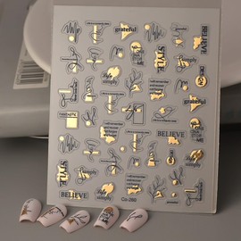 Golden Black Nail Stickers Hot Stamping Nail Decals with English Letters Irregular Lines Self Adhesive for Women DIY Manicure Decorations