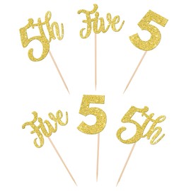 24 piezas de adornos para cupcakes de 5º cumpleaños, con purpurina, cinco púas para cupcakes número 5, decoraciones para cupcakes de cumpleaños para baby shower, niños, 5º cumpleaños, aniversario, fiesta, decoración de pasteles, suministros dorados