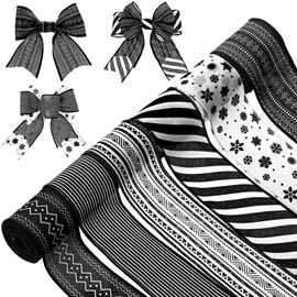 Suncalla 6 Roll 30 Yards Boho Christmas Ribbon Wired 2.5 Inch Boho Black and White Stripes Christmas Ribbon for Xmas Tree Gift Wrapping Wreaths Garland Bows Holiday Decor DIY Crafts