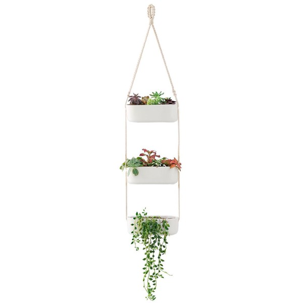 Mkono Ceramic Hanging Planter 3 Tier Indoor Wall Plant Holder for Succulent Herb Air Plant Live or Faux Plants Modern Vertical Garden , Rectangular