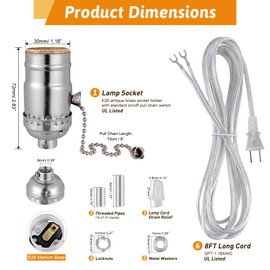 Lamp Repair Socket Kit,Pull Chain ON/Off Switch Socket for DIY Lamp with 8 feet Matching Cord and Essential Hardware, Table Lamp Rewiring Kit for Vintage Lamps or DIY Lighting Fixtures (Sliver)