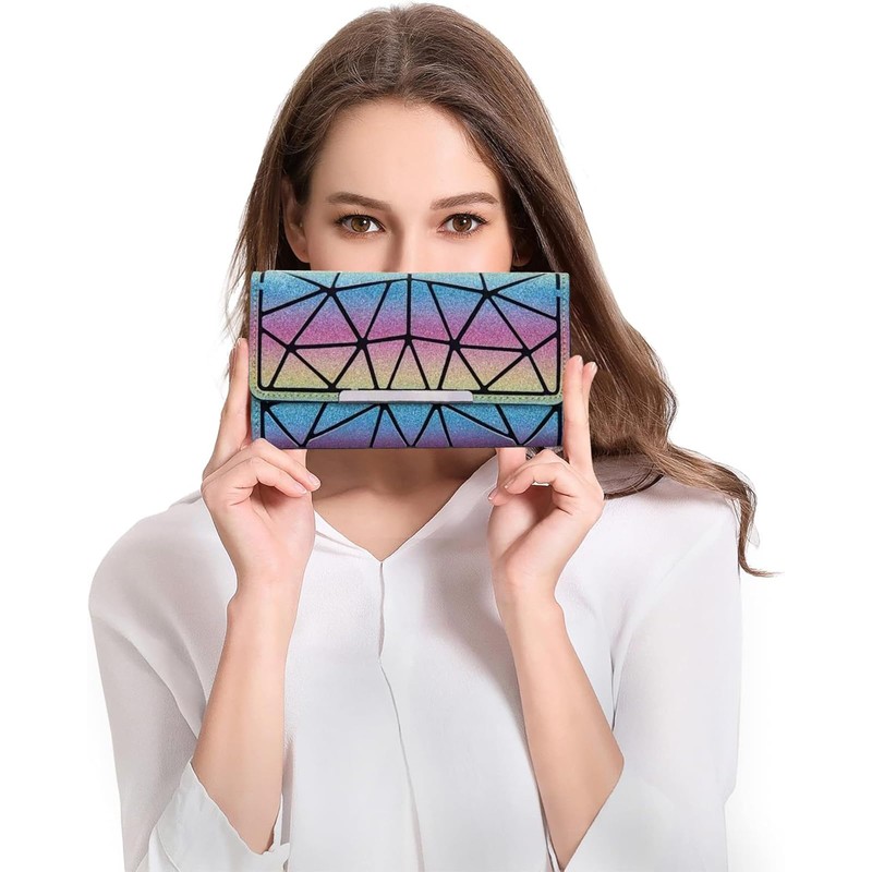 XLKJ Geometric Long Wallet, Luminous Purses and Handbags for Women,
