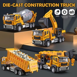 4 Packs Metal Construction Trucks Playsets, Mini Friction Powered Engineering Vehicle, Crane, Excavator, Cement Mixer, Dump Truck Toys for Boys 3-5 Years Old, Die-Cast Trucks for Toddlers Kid