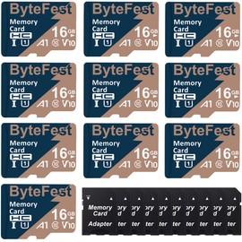 ByteFest 10 Pack 16GB Micro SD Card with 10 Adapter, UHS-I U1 A1 C10 V10 High Speed TF Card, FHD Video, 80MB/s, MicroSDHC Flash Memory Card for MP3 MP4 Player/Camera/Dash Cams