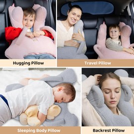 FLORICH Car Sleeping Travel Pillow for Kids, Kids Travel Pillow Removable H-Shaped Pillow for Adults and Children to Support Head and Body Road Trips with Neck Pillow and Blanket (Pink)