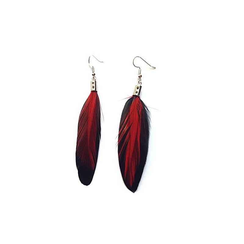 Black Feather Earrings with Red Feather - Handmade