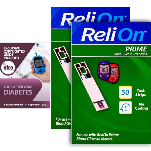 ReliOn Prime Blood Glucose Test Strips, 50 Ct (2 Pack) Bundle with Exclusive "Look After Your Diabetes" - Better Idea Guide (3 Items)