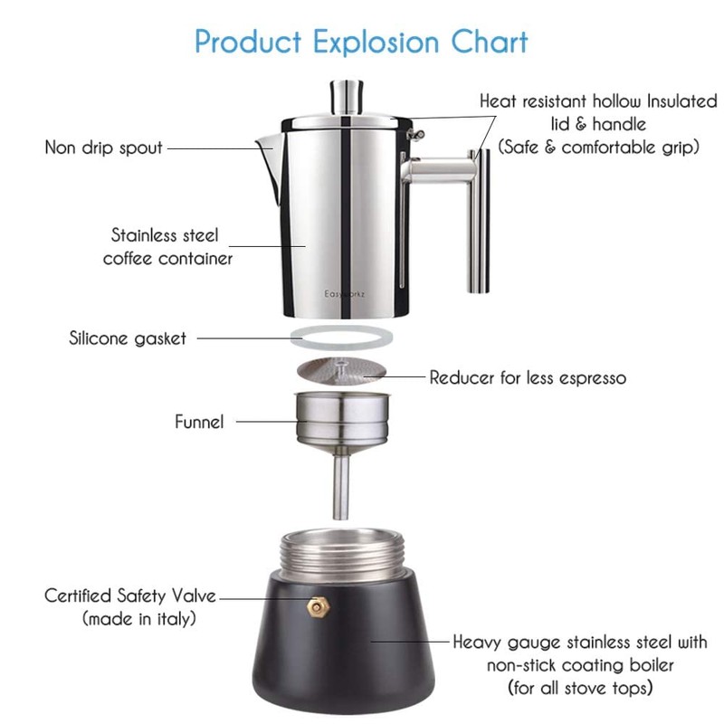 Easyworkz Diego Stovetop Espresso Maker Stainless Steel Italian Coffee Machine