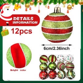 12 Pcs Christmas Ball Ornaments 2.4 Inch Green Red White Christmas Tree Decorations Elf Glittering Plastic Hanging Decorations Balls Polka Dots Stripes Tree Xmas