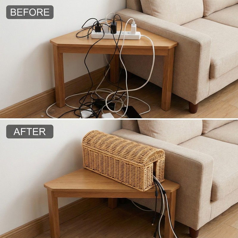 Large Rattan Cable Management Box, Decorative Large Power Strip and