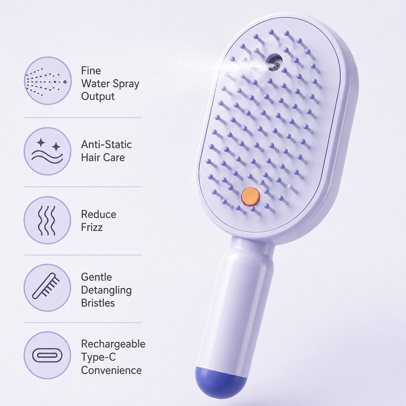 Rechargeable Water Spray Hair Brush for Women – USB-C Detangling