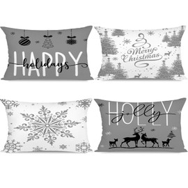 Miaikoe Grey Christmas Cushion Covers 30x50 Set of 4 Christmas Decorations Happy Holidays Holly Jolly Snowflake Merry Christmas Decor Throw Cushion Case for Home Couch Sofa Deco