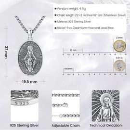 Eusense Heilige Jungfrau Maria Halskette St. Maria Anhänger Kette 925 Sterling Silber Heilige Halskette Kette katholischer Religiöser Schmuck Medaille Schutzamulett für Frauen Damen