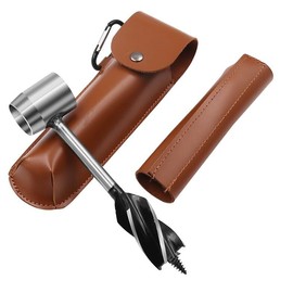 Miawtro Hand Auger Wrench Survival Settlers Tool, Hand Hole Punch with Leather Cover,Stainless Steel Auger Drill Bit Set for Camping, Bushcrafting and Outdoor Backpacking (Brown)