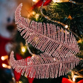 MOTONG 6PCS Rose Gold Christmas Tree Decorations 10.6 Inch Christmas Glitter Feathers, Artificial Glittery ChristmasTree Feather Ornament Christmas Tree Baubles for Wedding Home Xmas Decorations