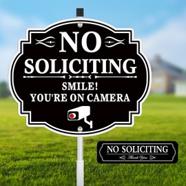 No Soliciting Sign for House, No Soliciting- Smile You're on Camera Sign for Yard, 12"x28" With Stake for Home & Front Door, Anti-Rust, Waterproof, UV Protected- Strong& Sturdy- Easy Install