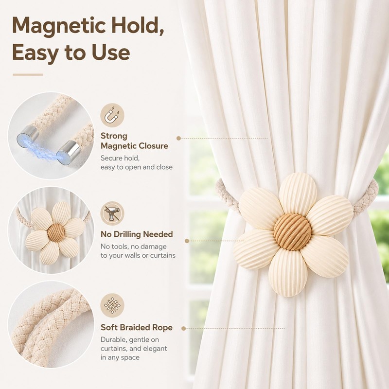 2 Pack 42cm Flower Magnetic Curtain Tiebacks for Living Room