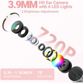 ScopeAround 3.9mm Smart Video Otoscope Camera w/ 1.45" IPS Screen Ear Wax Removal Tool Pink