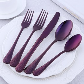 Bisda Purple Silverware Set, 20 Piece Premium 18/8 Stainless Steel Hammered Kitchen Utensil Flatware Cutlery Sets of 4, Mirror Polish, Dishwasher Safe